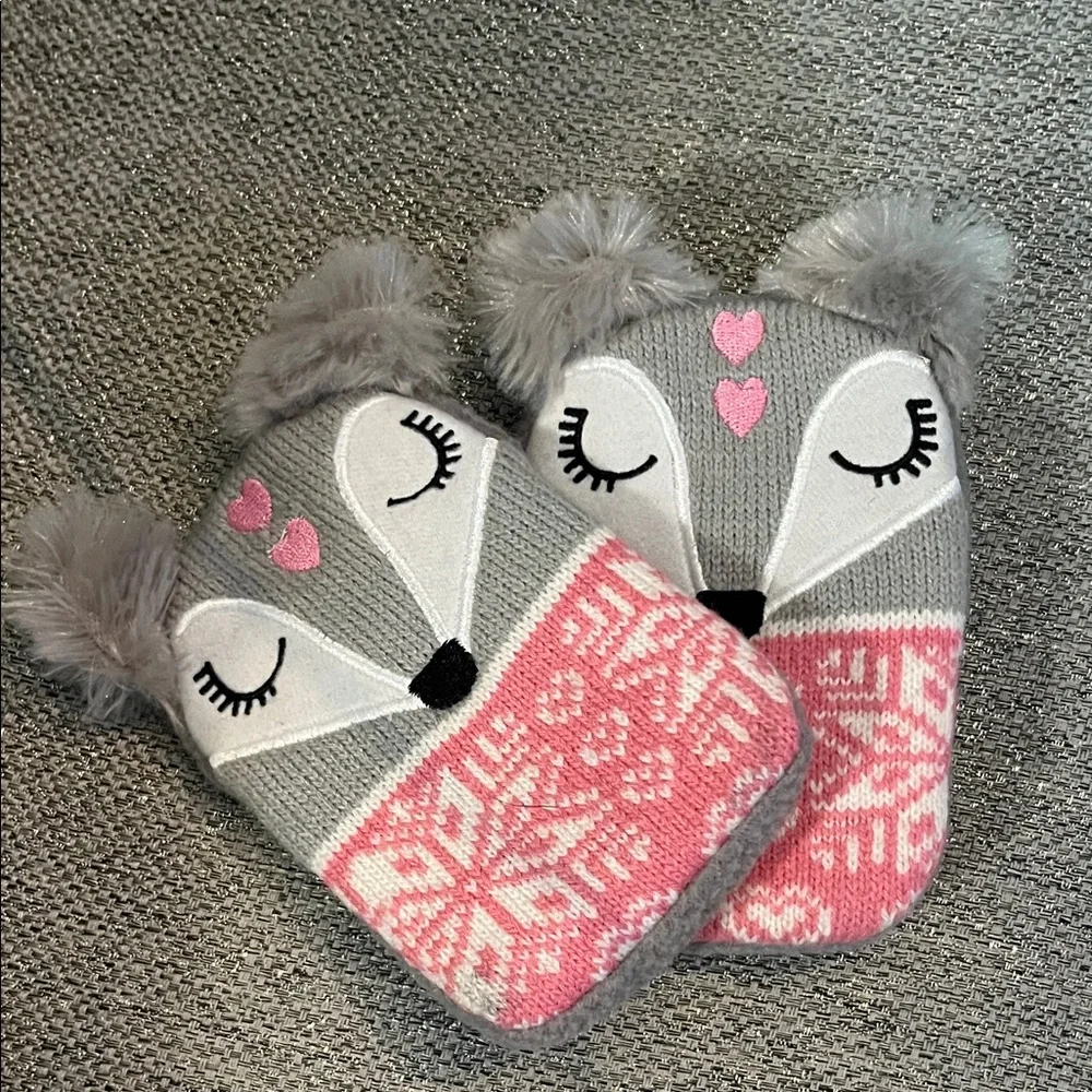 Gray and Pink Fox Hand warmers with reusable warmers